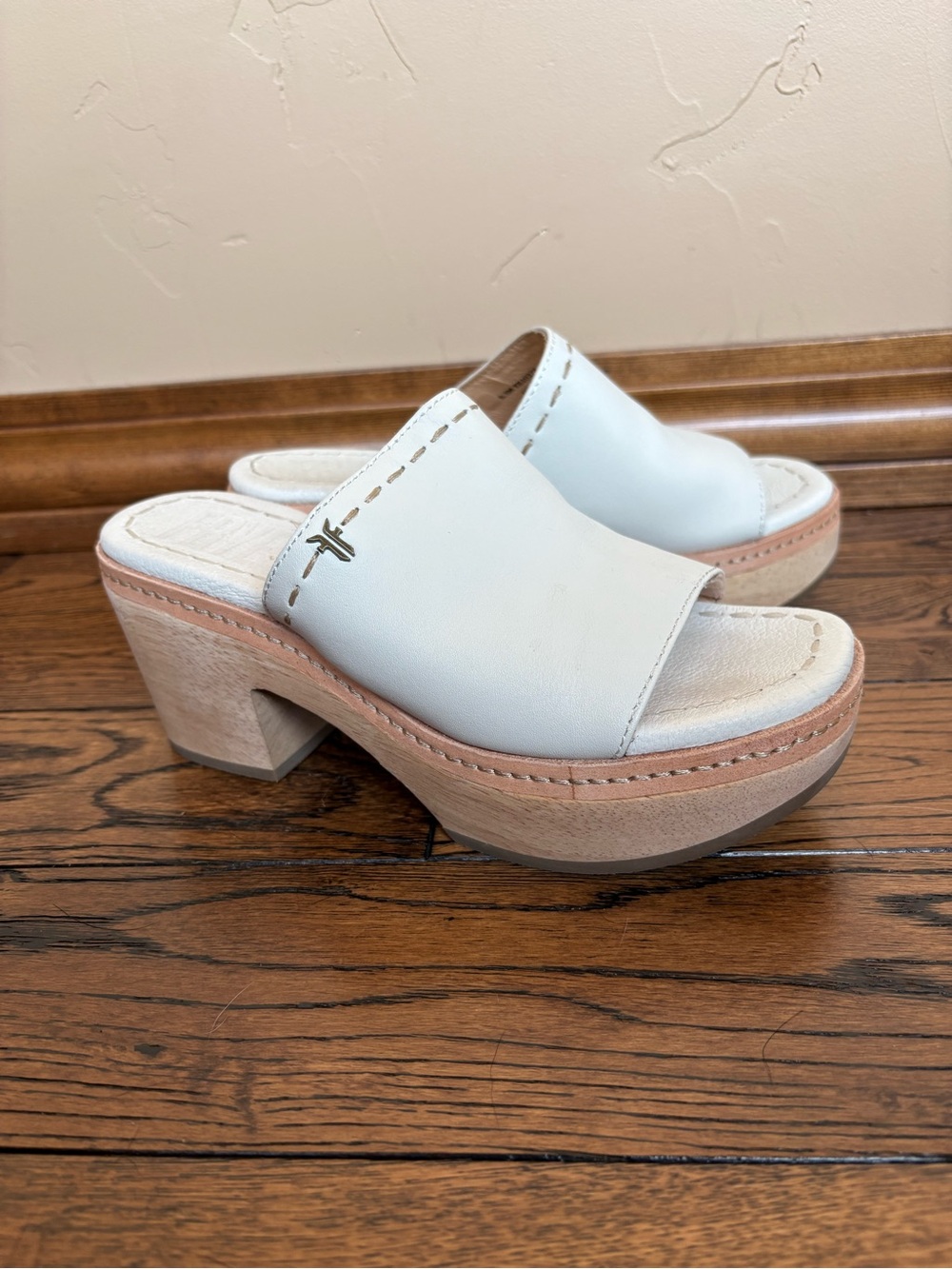 Frye White Leather Slide Clog with Natural Wood Platform